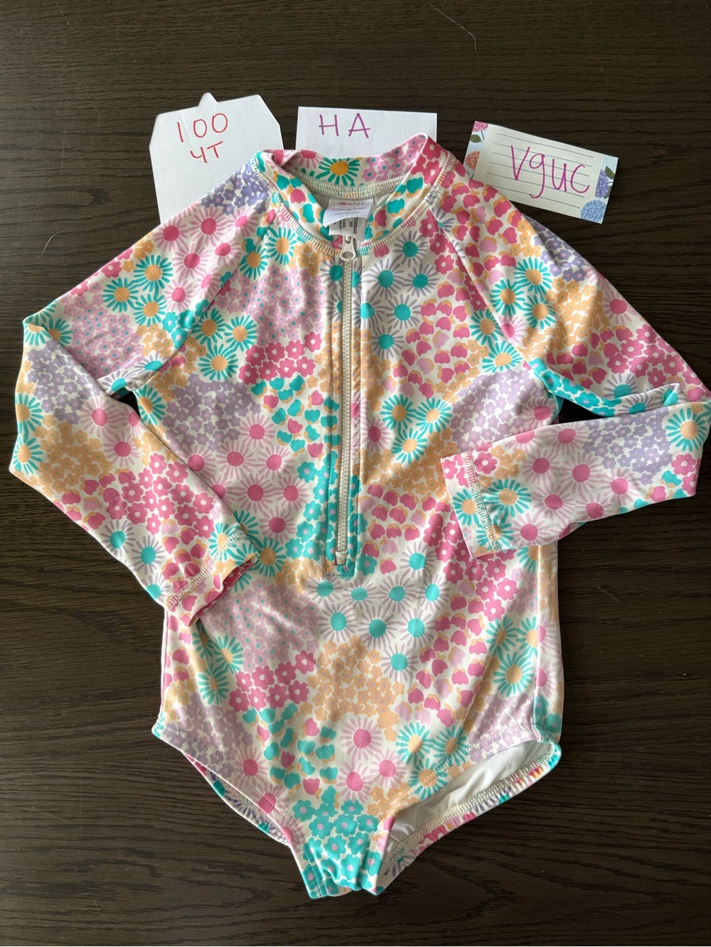 Hanna andersson 100 cm Girls Long-Sleeve Floral Rash Guard One-Piece Swimsuit